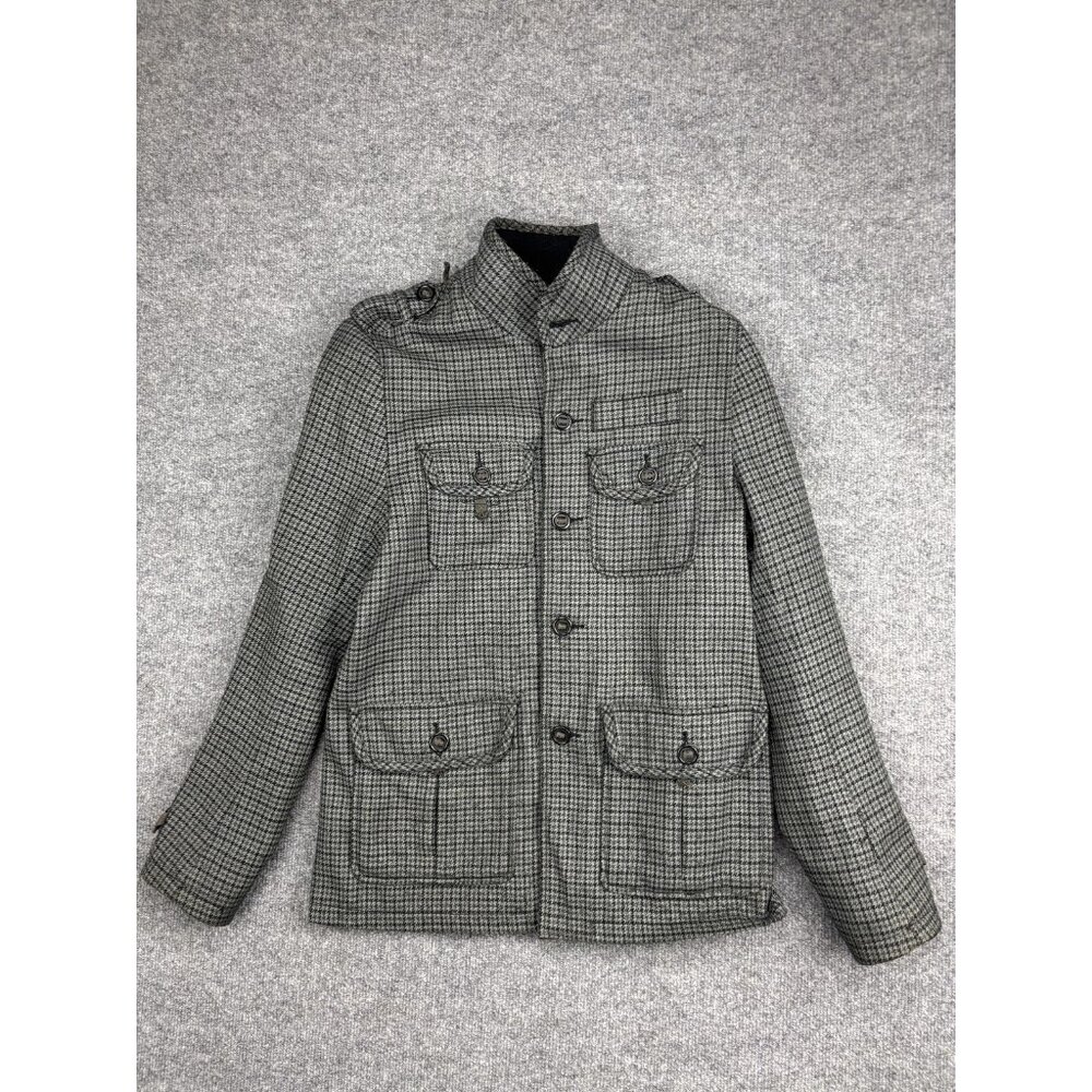 Guess Jacket Womens Small Gray Houndstooth Military‎ Utility Wool Blend Coat
